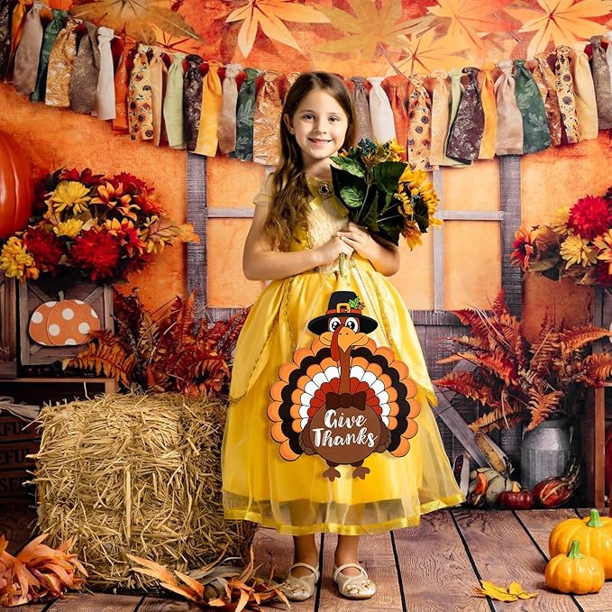 Thanksgiving Decoration Wooden Turkey Pumpkin Door Wreath for Front Door Sign Wall Signs, Thankful Blessed Grateful Pumpkin Sign Hanging for Fall Autumn Harvest Home Halloween Decoration