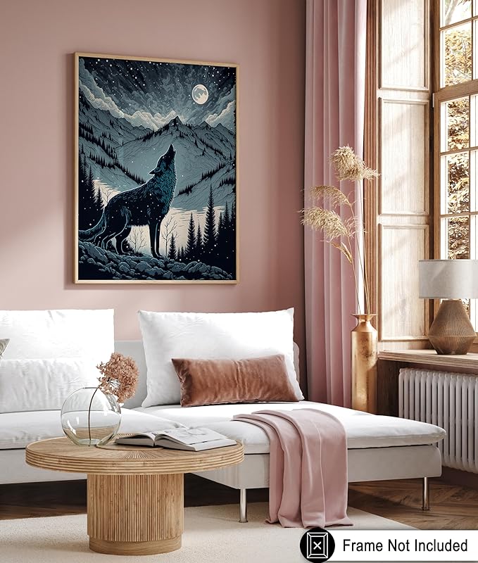 Poster Master Vintage Illustration Poster - Retro Animal Print - Gift for Artist, Friend - Wolf Howling at the Moon, Mountain, Snow, Landscape - Wall Decor for Home, Office, 18x24 Unframed Wall Art