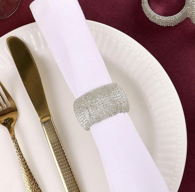 12 Pieces Plastic Bead Napkin Rings - Beaded Napkin Holders for Christmas, Thanksgiving, Holiday Party, Dinner PartyWeddings, Parties, Family Gatherings, and Table Décor(Silver)- ALPHA Living HOME