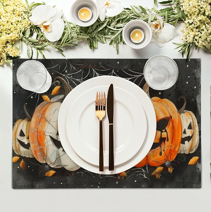 Halloween Pumpkins Spider Web Placemats Set of 4 Black Gray Scary Pumpkin Fall Linen Table Place Mat 12x18 Inch Seasonal Heat Resistant Table Mats for Party Kitchen Dining Decoration