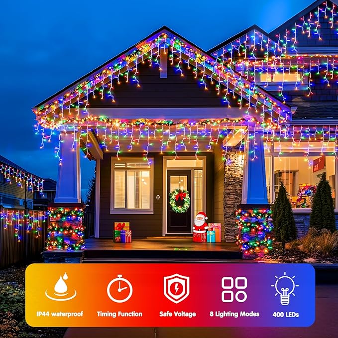 JMEXSUSS 400 LED 38.8Ft Icicle Christmas Lights With Remote - Outdoor Multicolor String Lights Plug in, 8 Mode for Outside Indoor House Yard Patio Eave Decorations