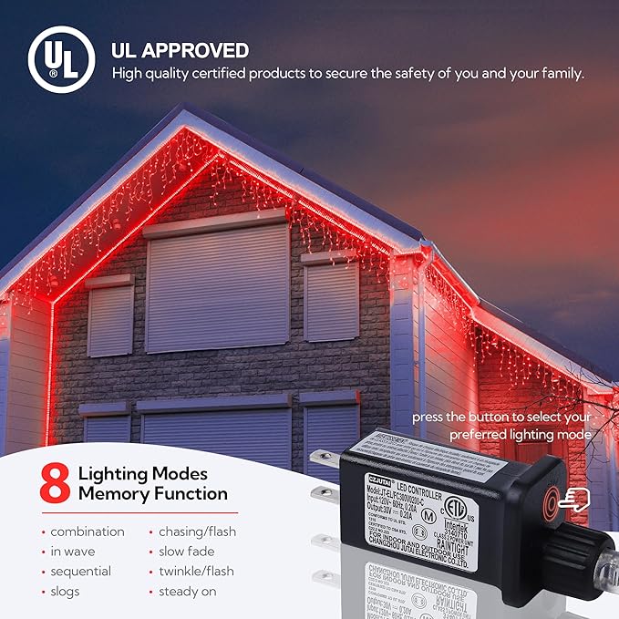 Hopolon 33FT 360L LED Icicle String Lights - Outdoor, Waterproof, 8 Modes, With 60 Drops - Curtain Lights for Indoor/Outdoor Decorations (Red)