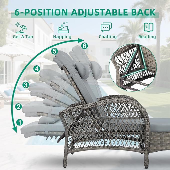 VIVIJASON 3 Pieces Outdoor Wicker Chaise Lounge Chair Set, All-Weather PE Rattan Cushioned Patio Lounger Set of 2 with Side Table, Adjustable Pool Sunbathing Recliner with Armrest & Pillow, Gray