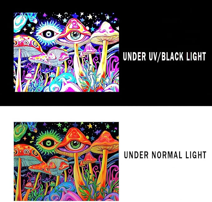 BlissYard Blacklight Tapestry Mushrooms Tapestry for Bedroom Uv Reactive Tapestry 78x59 Inches Cosmic Mushrooms Wall Hanging, Fluorescent Art Decoration with Eyes, Stars, and Psychedelic Design