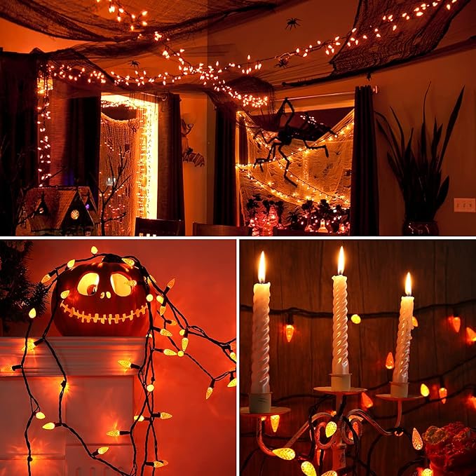 Brizled Orange String Lights, 33ft 100 LED Faceted C5 Orange Halloween Lights, 120V UL Certified Halloween Light Set Connectable Amber Light for Indoor & Outdoor Tree Xmas Party Decoration