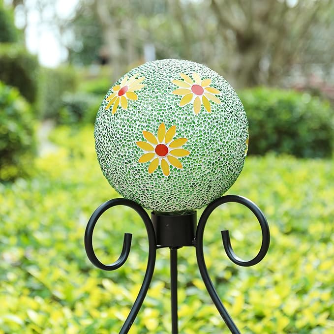 VCUTEKA Gazing Ball, 8" Glass Gazing Balls Sphere for Garden Lawn Outdoor Ornament Yard Decorative, Daisy