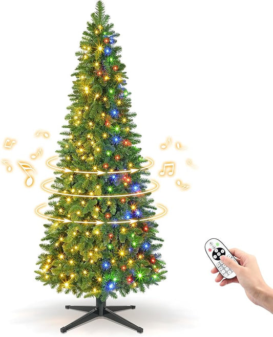 6.5ft Slim Pencil Christmas Tree Pre-lit, Remote Control, Rotating & Foldable Stand, RGB & Warm White Light for Home Decor