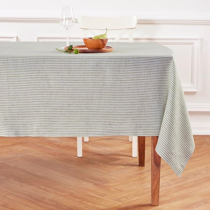 Solino Home Linen Striped Tablecloth 60 x 90 Inch - 100% Pure Linen Avocado and White Table Cloth for Rectangle Tables - Narrow Stripe, Machine Washable Tablecloth for Fall, Autumn, Thanksgiving
