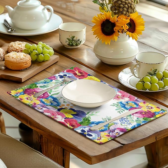 Watercolor Flowers Placemats Set of 4 Spring Summer Floral Butterfly Linen Fabric Table Mats Pansy Flower Eucalyptus Leaves Washable Place Mats for Farmhouse Dining Table Kitchen Decoration