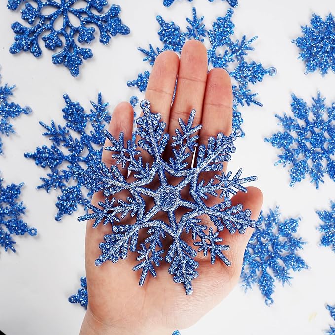 Christmas Tree Decorations Snowflake Ornaments 36Pcs Blue Silver Glitter Plastic Hanging Snowflakes from Ceiling Snow Flakes Decorating Hanging for Winter Wonderland Decorations Indoor Outdoor Decor
