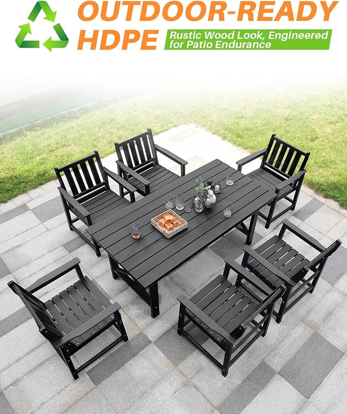 7 Pieces HDPE Outdoor Dining Set, Patio Dining Set with Umbrella Hole, All Weather Outdoor Dining Table Sets for 6, HDPE Patio Furniture Sets for Deck, Backyard, Lawn, and Poolside, Obsidian