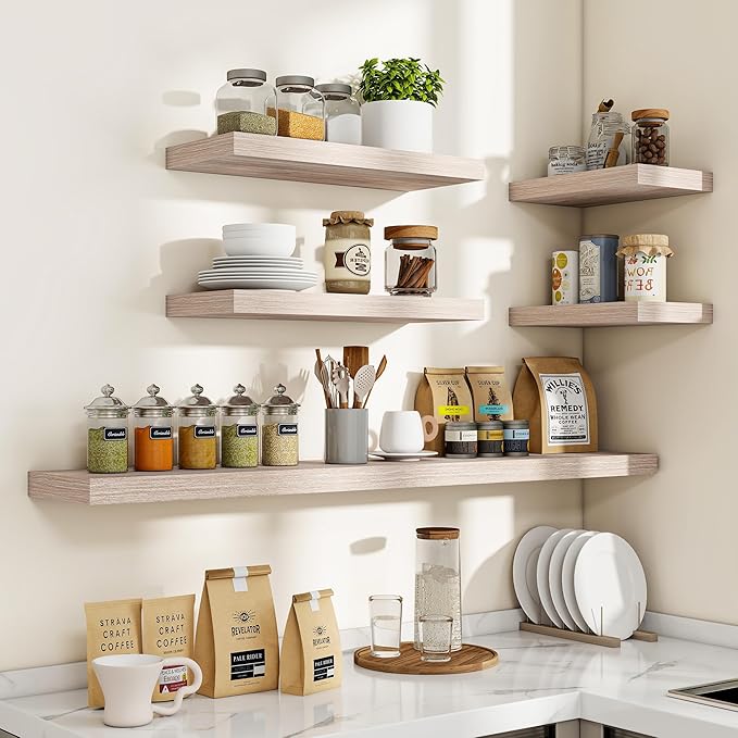 16 Inch Floating Shelves, 3D Textured Wood Grain, 16"x9.25"x1.5" Inch Deep Floating Shelves for Wall, Wooden Shelves for Bathroom, Bedroom, Living Room, Washed White