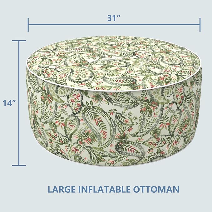LVTXIII Outdoor Inflatable Ottoman, Fade-Resistant Round Footrest Stool D31”x H14”, Portable Patio Pouf for Garden Camping or Home Use, Faylinn Shadow Paisley