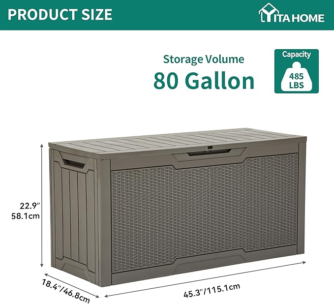 YITAHOME 80 Gallon Resin Deck Box, Weather Resistant Outdoor Rattan Storage Box, Lockable Indoor Outdoor Storage for Supplies and Essentials, Taupe
