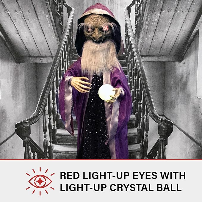 Haunted Hill Farm Talking Wizard Halloween Animatronic with Movement and Light-Up Crystal Ball for Scary Indoor or Covered Outdoor Halloween Decorations, Battery Operated Halloween Prop
