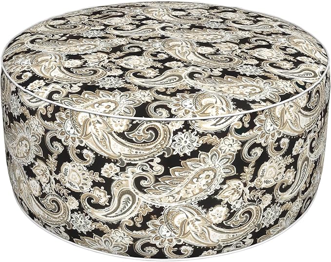 Inflatable Ottoman Stool D31 xH14 for Outdoor/Indoor Use, Water Repellent Patio Foot Rest Stool with Portable Handle,Round Pouf Ottoman Suitable for Garden,Deck and Camping - Paisley Black