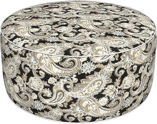 Inflatable Ottoman Stool D31 xH14 for Outdoor/Indoor Use, Water Repellent Patio Foot Rest Stool with Portable Handle,Round Pouf Ottoman Suitable for Garden,Deck and Camping - Paisley Black