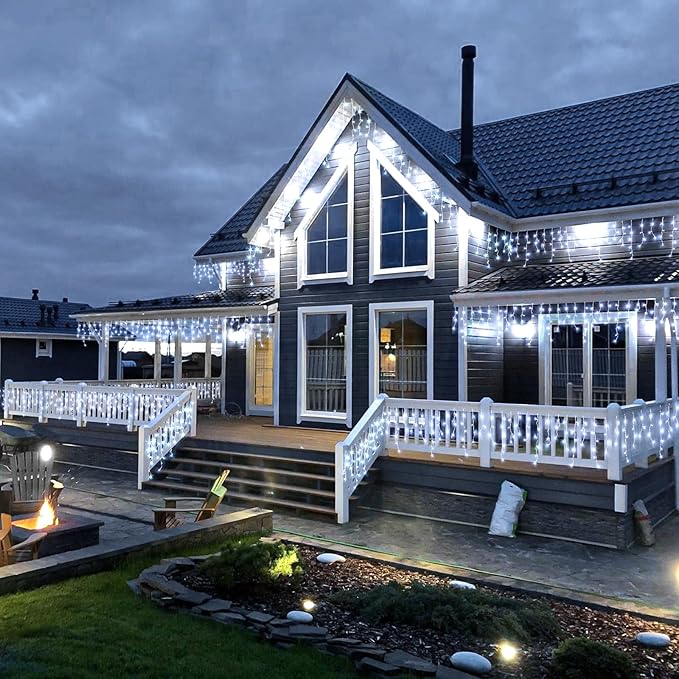 Icicle Lights for Outside, 16.5FT 200 LED Icicle Christmas Lights Outdoor with 8 Modes Waterproof, Connectable Twinkle String Light for Bedroom House Party Wedding Holiday Decorations, White