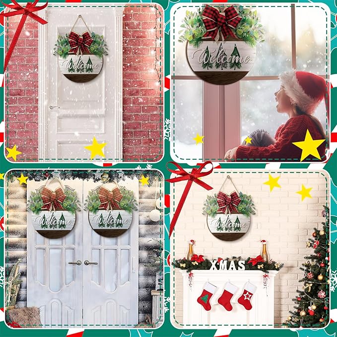 Boao Welcome Door Decoration Christmas Front Door Sign Christmas Tree Wooden Hanger with Bow Wreaths for Xmas Outdoor Farmhouse Porch Decor