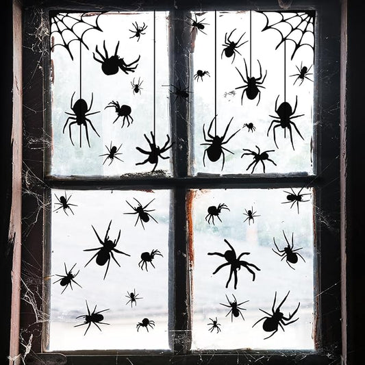 4 Sheets Spider Window Clings - Double-Sided Removable Glass Decals, Halloween Themed Window Stickers for Kids Party Decorations