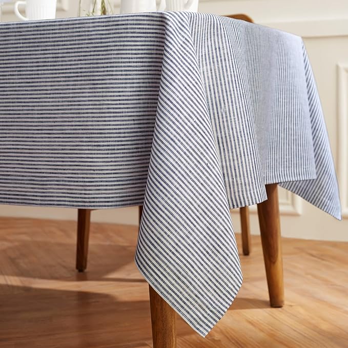 Solino Home Linen Tablecloth 60 x 90 Inch - Narrow Stripe 100% Pure Linen Navy and White Table Cloth for Rectangle Tables - Machine Washable Tablecloth for Fall, Autumn, Thanksgiving