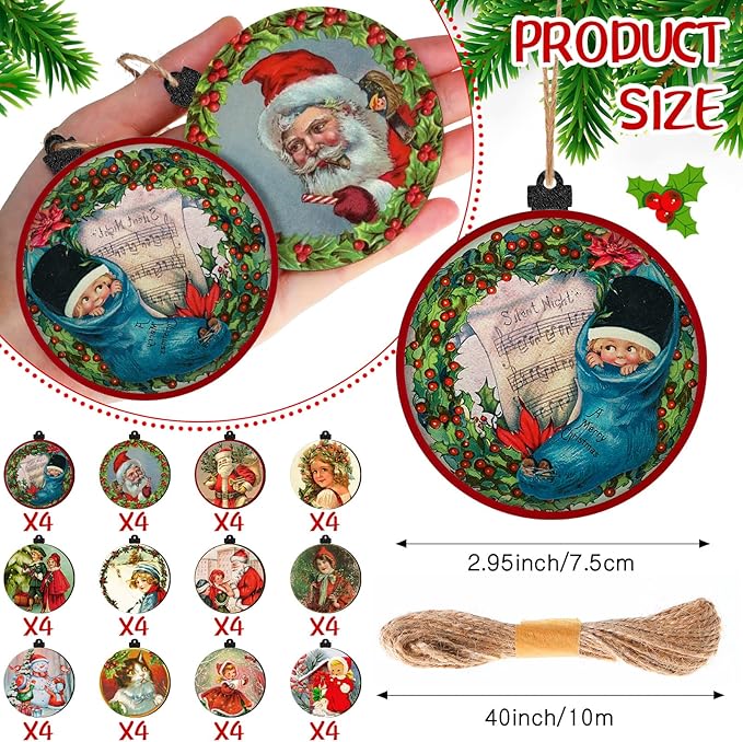 48-Piece Vintage Wood Christmas Tree Ornaments - Santa, Snowman & Retro Decor