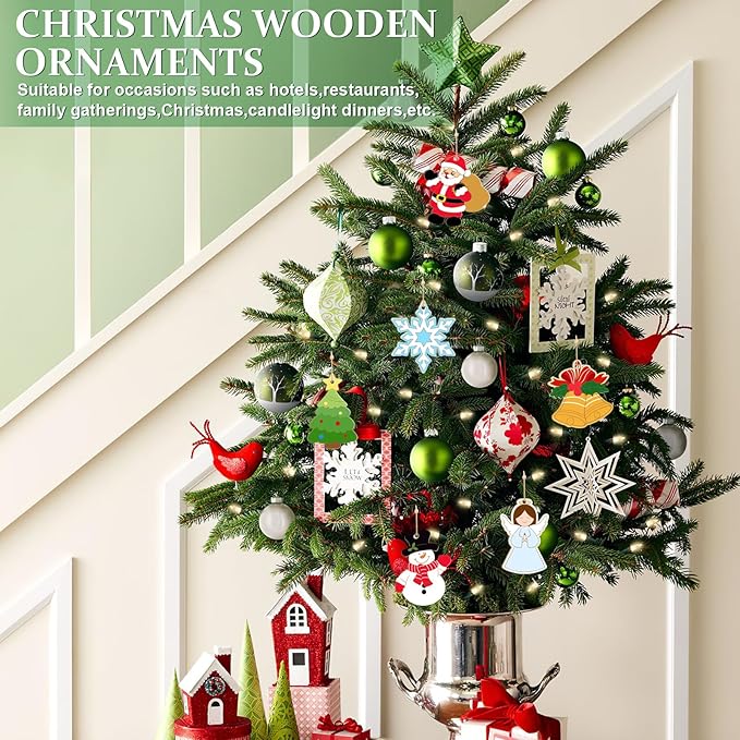 80PCS Wooden Christmas Ornaments to Paint, 8 Styles DIY Blank Unfinished Wood Reindeer Santa Claus Christmas Tree Ball Snowman Snowflake Angel Cutouts Ornament for Crafts Winter Hanging Decorations