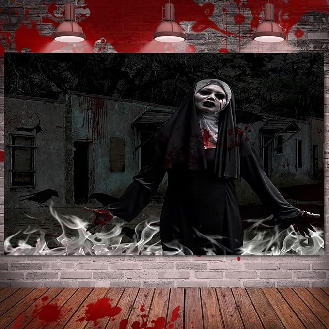 QGHOT Halloween Tapestry, Gothic Horror Movie Tapestry Wall Hanging Spooky Halloween Backdrop Creepy Scary Nun Haunted House Wall Decor for Bloody Party Decorations (90.6"x70.9")