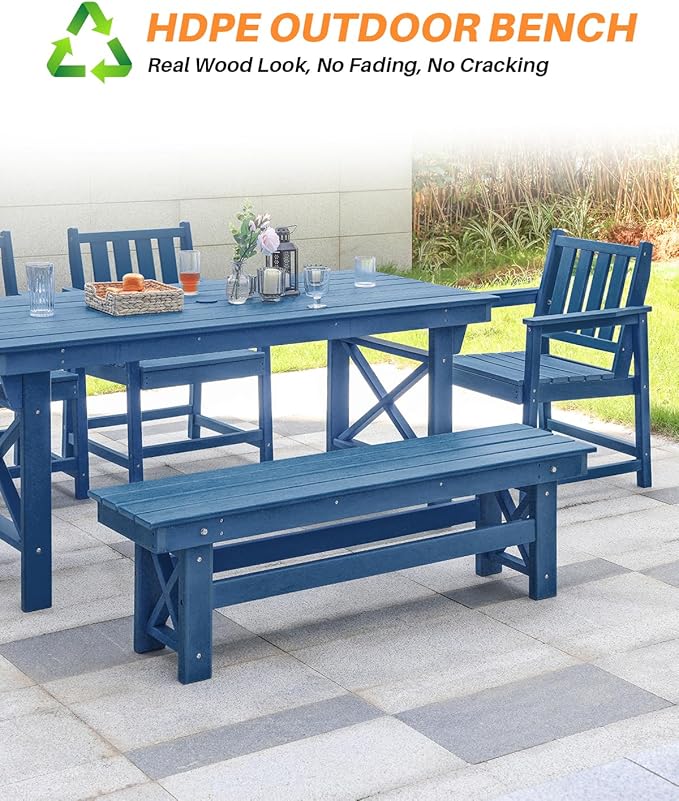 HDPE Outdoor Bench, 55" Patio Bench Outdoor Furniture, Poly Lumber Adirondack Benches, All Weather HDPE Garden Backless Benches for Park, Poolside, Deck, Porch, Navy