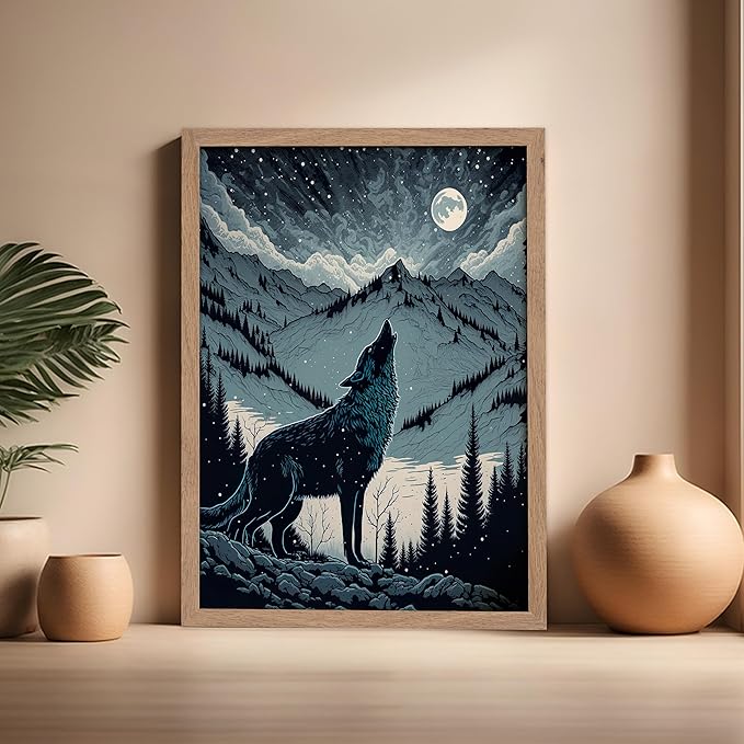 Poster Master Vintage Illustration Poster - Retro Animal Print - Gift for Artist, Friend - Wolf Howling at the Moon, Mountain, Snow, Landscape - Wall Decor for Home, Office, 16x20 Beige Framed