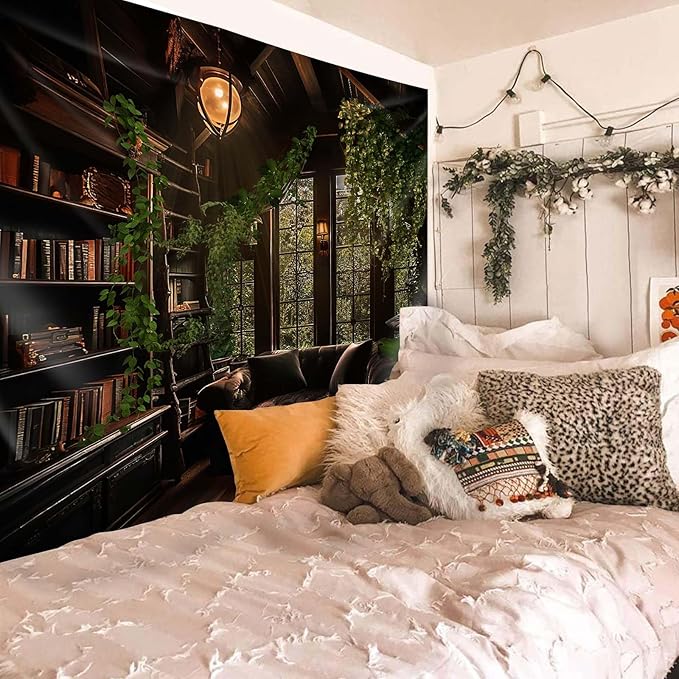 dueeia Medieval Bookshelf Tapestry Wall Hanging Book Library Backdrop Bookcase Dark Academia Vintage Wall Decor for Bedroom Aesthetic Living Room Office (59.1"x39.4")