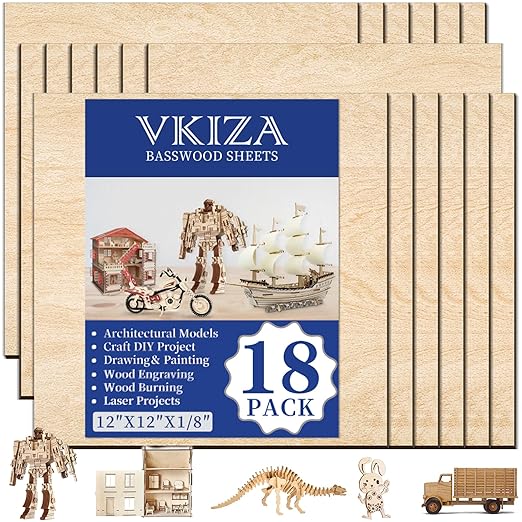 18 Pack Basswood Sheets 12"x12"x1/8" for Crafts, Unfinished Basswood Craft Board Perfect for DIY Ornaments and Models, Drawing, Painting, Engraving, Wood Burning, Laser Cutting