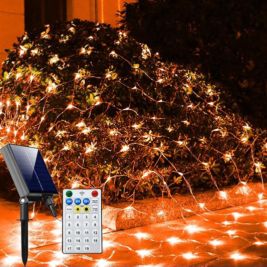 Solar Net Halloween Lights Orange Fall Decor, 200 LED Mesh Lights Outdoor, 19 Modes Transparent Wire Solar Powered Wrap Tree for Garden, Yard, Bushes, Trunk, Christmas Decor-9.8ft x 6.6ft