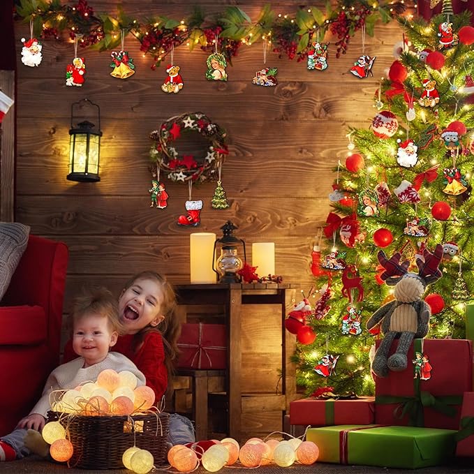 48 Pcs Victorian Style Wood Christmas Tree Ornaments - Hanging Vintage Decorations With Santa Claus and Snowman - Retro Wooden Ornament (Vivid Style)