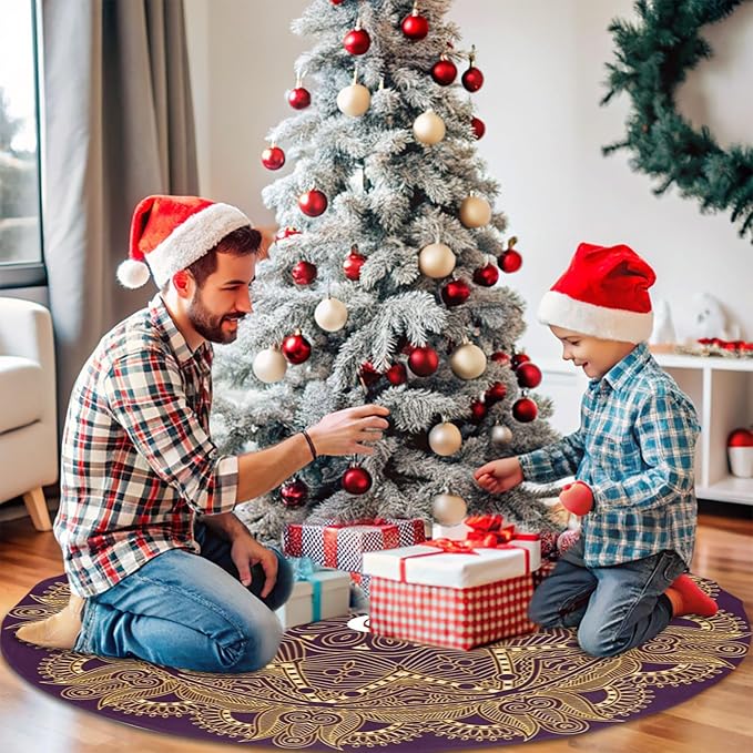 36" Dark Amethyst Purple Mandala Star Christmas Tree Skirt Tree Mat Base Cover for Xmas Festive Holiday Party Decoration Ornaments