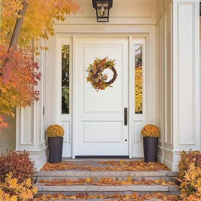 Fall Owl Wreath for Front Door 24 Inch, Autumn Natural Pine Cones Faux Eucalyptus Magnolia Leaf Berry Wreath, Fall Decor for Home Farmhouse Door Wall Window Porch Indoor/Outdoor