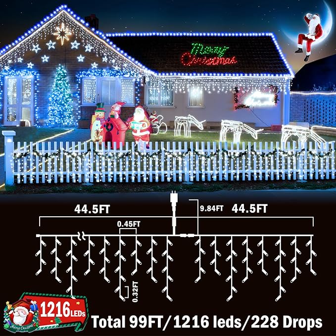 KNONEW 99FT 1216 LED Christmas Lights Outdoor Decorations 8 Modes White Curtain String Light with 228 Drops, Clear Wire LED String Light Indoor Decor for Wedding Party Holiday Christmas
