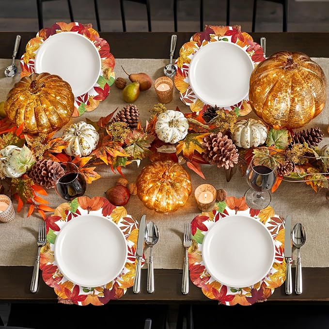 50Pcs Thanksgiving Fall Round Paper Placemats,13.4 Inch Autumn Maple Leaves Round Table Mats Fall Scalloped Disposable Placemats for Harvest Birthday Thanksgiving Party Supplies