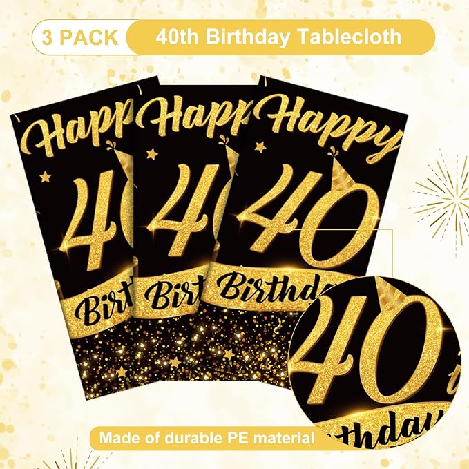 3 Pack 40th Birthday Plastic Black Gold Table Cloths, Rectangular 54x108 Table Cover for Birthday Party Decorations