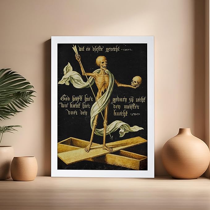 Poster Master Vintage Medieval Poster - Retro Gothic Print - Gift for Artist, Friend - Allegory of Life and Death, Skeleton, Dark, Skull - Wall Decor for Home, Living Room, 16x20 White Framed