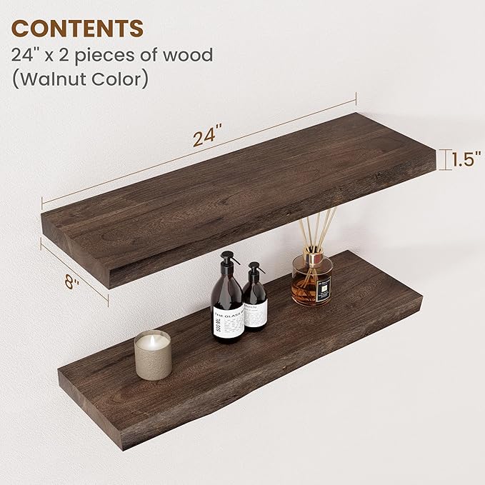 Floating Shelves for Wall Decor, Rustic Solid Elm Wood Floating Shelves Wall Mounted, Wall Shelves with Invisible Bracket for Living Room Bathroom Bedroom Kitchen, 24 Inch Set of 2, Walnut