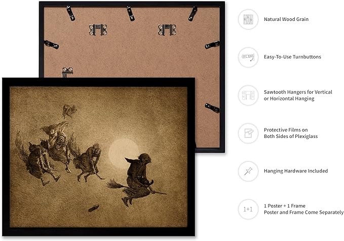 Poster Master Vintage William Holbrook Beard Poster - Retro Occult Print - Gift for Gothic, Horror Fan - The Witches Ride, Pagan, Goth, Magic - Wall Decor for Bedroom, Dorm, 11x14 Black Framed