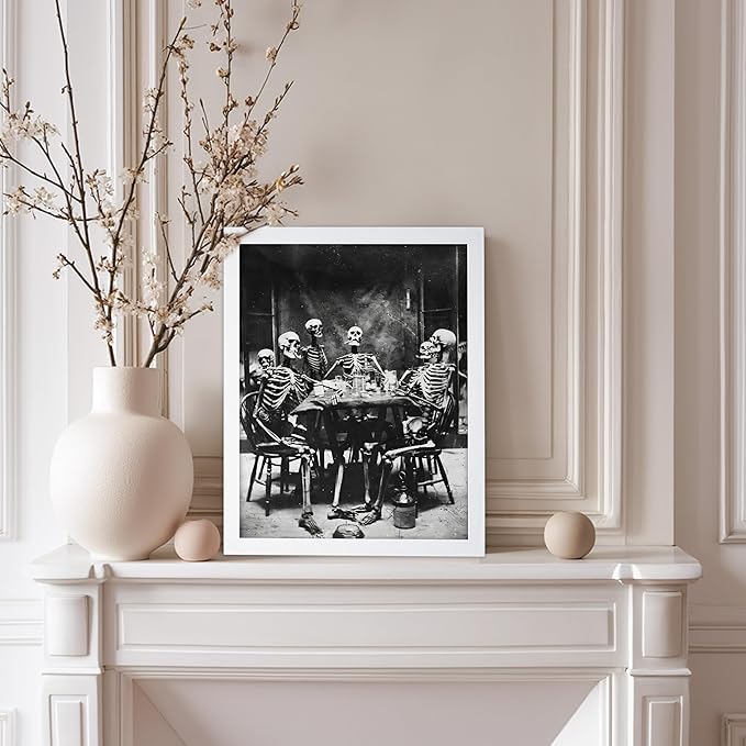 Poster Master Vintage Photograph Poster - Retro Daguerreotype Print - Gift for Artist, Friend - Skeletons Smoking at Table, Dinner Party, Goth - Wall Decor for Home, Dorm, 11x14 White Framed