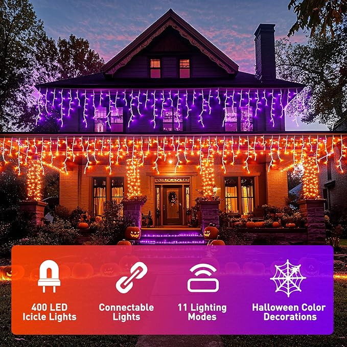 JMEXSUSS 400 LED Color Changing Halloween Lights Outdoor, 38.8ft Orange to Purple Halloween Icicle Lights with Remote, Waterproof String Light Plug in for Outdoor Indoor Party Decor