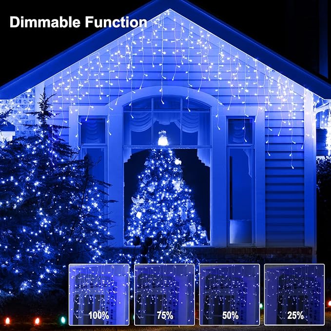 Brightown Blue Icicle Lights, 66Ft 736 LED Outdoor with 138 Drops, 8 Modes Remote and Timer for Halloween, Hanukkah