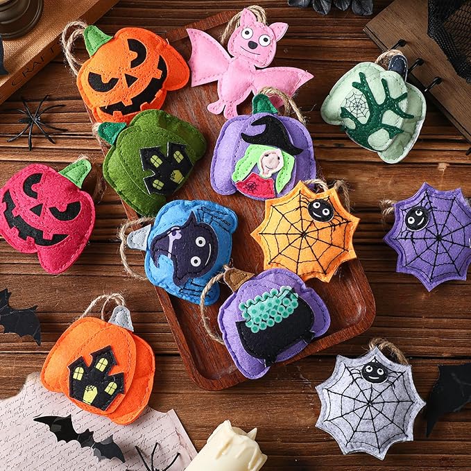 12 Pcs Halloween Felt Ornaments Spooky Pumpkin 3D Hanging Ornaments 3.15 Inch Spider Web Bat Tree Felt Decorations for Tree Halloween Party Decor