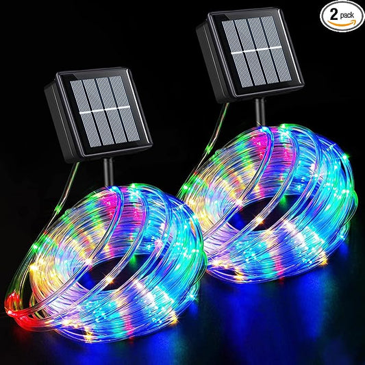 YEGUO 2 Packs Each 33ft 100 LED Solar Trampoline Lights Multicolor, Solar Rope Lights for Outside, 8 Modes Fairy Lights in Clear Thin Tube for Camping Fence Patio Garden Deck