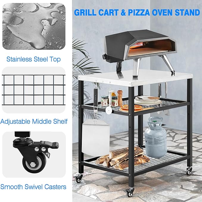 Stainless Steel Grill Cart with Cover Pizza Oven Stand with Water-Proof Cover Trolley Table with Wheels Three-Shelf Movable Food Prep and Work Cart Table Heavy Duty Grill Cart Outdoor 31.5"×24"×35.5"
