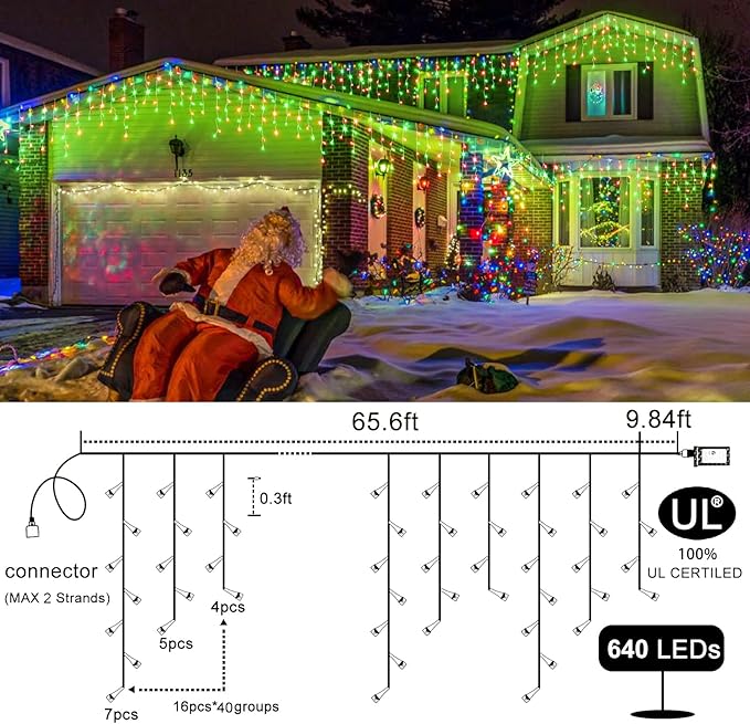 Icicle Lights for Outside, 66ft 640 LED Red and Green Christmas Lights 8 Modes with 120 Drops, Waterproof Christmas Icicle Light Outdoor Plug in for Indoor Party Holiday Halloween Decorations