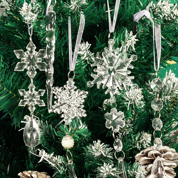 18pcs Christmas Tree Decoration Crystal Ornaments - Hanging Acrylic Christmas Snowflake Icicle Drop Crystal Ornaments for Xmas Tree Winter New Year Party Supplies